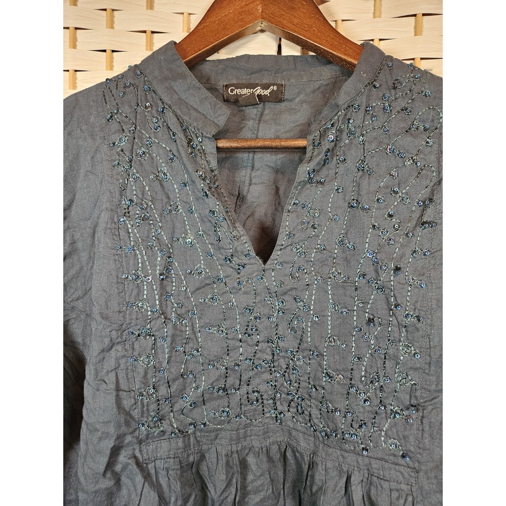 Greater Good Womens Embellished Teal Blouse Sz L Casual Party Holiday - Picture 2 of 13